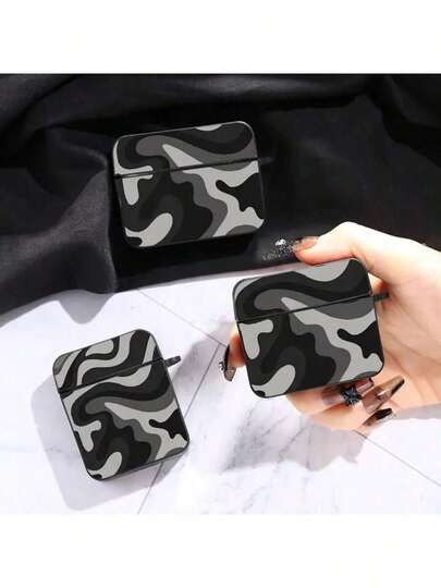 Black & Gray Camouflage Wave Pattern Hard Shell Protective Case Suitable Compatible With Apple Wireless Earphone Case, Scratch-Resistant & Anti-Drop