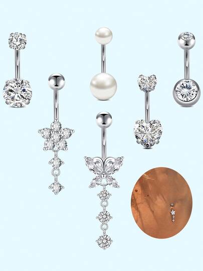 Set de 6 anillos para el ombligo de acero inoxidable 316L con flores, mariposas y formas de corazón incrustadas de circonita cúbica y perlas falsas, para mujeres y hombres, un regalo exquisito para perforaciones de ombligo de moda