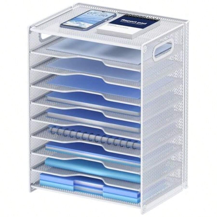 OUTWOLF - Organizador de papel de 10 niveles bandeja para cartas organizador de archivos de escritorio de malla con asas para oficina y escuela color blanco - Blanco - Ver 1
