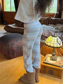 Women Lounge Pants Retro Fold Over Low Rise 2000s Colourful Stripe Stretch Flared Yoga Legging Bottoms Sweatpants - 青檸色 - 查看 3