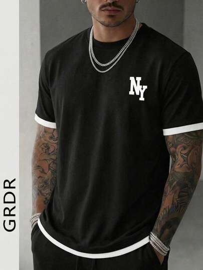  GRDR Men's Summer Round Neck Short Sleeve T-Shirt, Black Minimalist Design 2 In 1 Casual Versatile