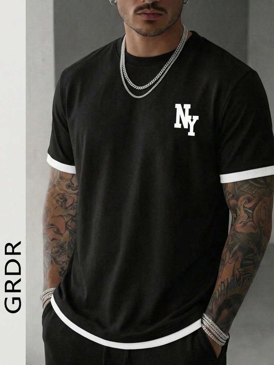 GRDR Men's Summer Round Neck Short Sleeve T-Shirt, Black Minimalist Design 2 In 1 Casual Versatile - Black - View 1