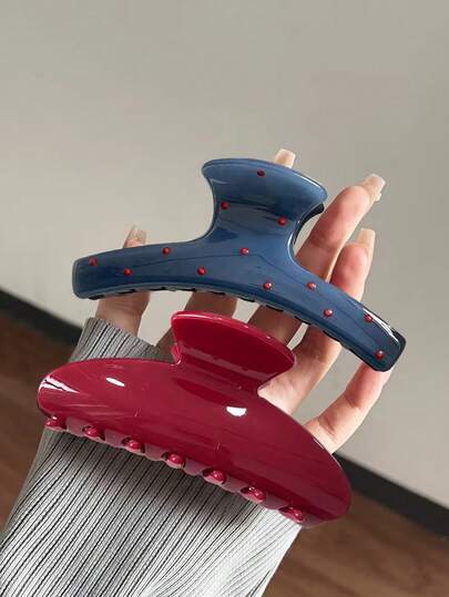 2个/1个 11厘米/4.33英寸 蓝/红色塑料发夹，时尚百搭优雅简约纯色发爪，适合日常、休闲、派对、通勤、海滩、丸子头、马尾辫、洗脸、化妆等场合，夏季发饰沙滩发夹度假必备