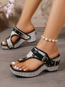 Summer New Bohemian Style Women's Platform Wedge Sandals, Retro Rope Bottom Ladies Thong Punk Rivet Inlaid Square Toe Beach Sandals - Black - View 5