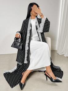 女士波点印花蕾丝边饰长袍 - 黑色 - 查看 6