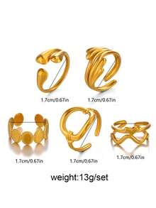 5pcs Stainless Steel Minimalist Geometric Line Open Rings, Suitable For Women's Daily Wear - Gold - View 4