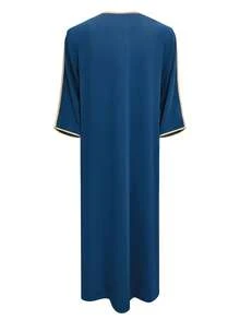Men's Embroidered Robe Thobe, Men's Solid Color Pullover Gandoura Thawb, Traditional Arabic Men Gandoura Thobe Robe With Pockets - Blue - View 4