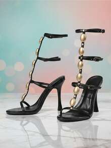 Elegant High Heel Strappy Sandals For Women Pearl Decor Open Round Toe Stiletto Black High Heels Roman Sandal T Strap Buckle Jewelled Slip On Party Bridal Wedding Dressy Business Casual Fashion Work Comfy Outdoor DatingGladiator Easter Gifts Spring Womens Summer Sandals - 黑色 - 查看 5