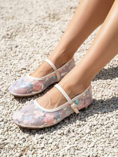 planare Women's Fashionable Elegant Lightweight Breathable Flat Shoes, Paired With Strap & Buckle For Comfortable & Secure Wear, Suitable For Casual Daily And Dance, Decorated With Shiny Sequins And Butterfly For Dynamic Look Under Lighting