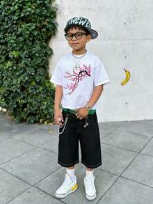 Boys & Teens' Casual Graphic Print Round Neck Short Sleeve T-Shirt, Summer Top - 白色2 - 查看 2