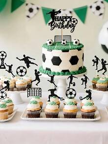 13/6 piezas Decoraciones de pastel con tema de fútbol negro, patrones de trofeo y balón de fútbol brillante, decoraciones de magdalenas, decoraciones de magdalenas con tema de fiesta de fútbol con brillo, adecuado para fiesta temática deportiva y celebración de cumpleaños, decoraciones de pastel DIY - multicolor - Ver 2