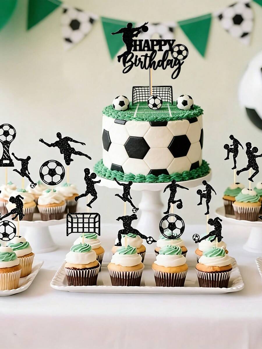 13/6 piezas Decoraciones de pastel con tema de fútbol negro, patrones de trofeo y balón de fútbol brillante, decoraciones de magdalenas, decoraciones de magdalenas con tema de fiesta de fútbol con brillo, adecuado para fiesta temática deportiva y celebración de cumpleaños, decoraciones de pastel DIY