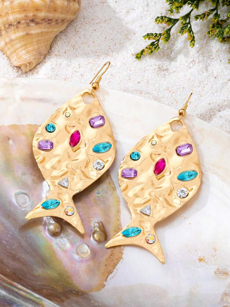 一对金色纹理鱼形耳环 | 海洋灵感 | 优雅个性饰品 - 彩色的 - 查看 1