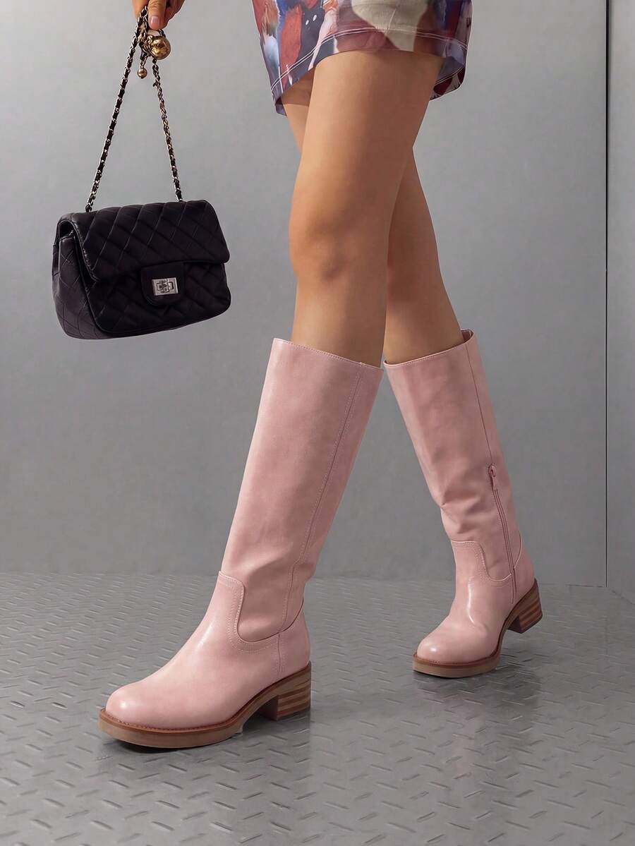 Womens Square Toe Chunky Block Heel Knee High Boots Banana Campus Boots For Women Casual Comfortable Low Heel Side Zipper Riding Tall Boots - 粉色 - 查看 1