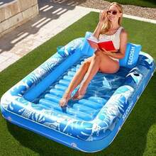 1pc Inflatable Pool Float Bed, Inflatable Water Lounger, Tropical Leaf Print, Waterproof & Easy To Clean, Comfortable Backrest, Soft Headrest, Adult Size, Suitable For Summer Pool Party, Beach And Backyard Relaxation - A - View 8