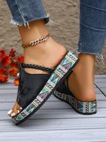 2026夏季新款时尚厚底露趾沙滩拖鞋，性感度假休闲女士凉鞋 - 黑色 - 查看 4