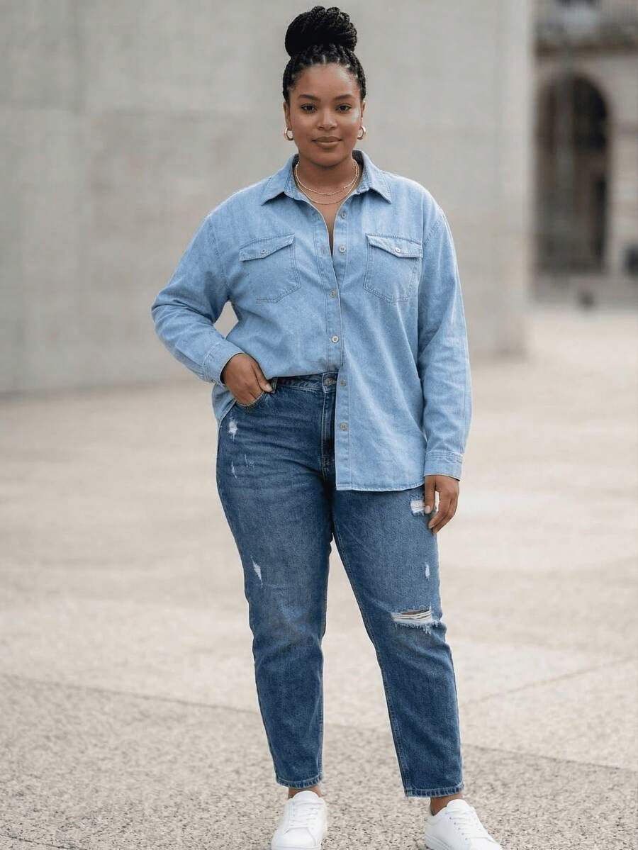 Women's Plus Size Denim Shirt With Long Sleeves And Pockets. A Versatile, Practical, Comfortable, High-Quality Shirt For Everyday Wear, Work, Or College. - 淺色水洗藍 - 查看 1