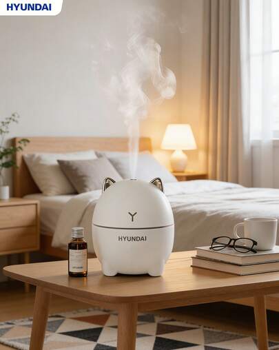 HYUNDAI DDM-1 渡渡猫加湿器，小巧便携，200ml 大容量，6 小时自动关机，彩色氛围夜灯，适用于酒店、卧室和办公室