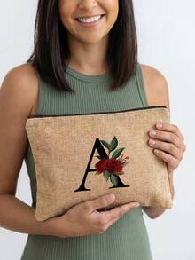 1pc A-Z Letter & Floral Print Cosmetic Bag, Lightweight Travel Toiletry Organizer - Multicolor - View 2