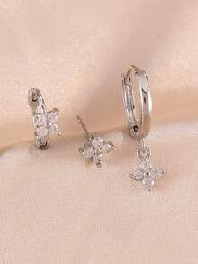 6pcs Set Elegant Shiny Copper Cubic Zirconia Four-Leaf Clover Hoop Earrings Set, Gift For Women - Style 11 - View 4