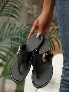 Elegantes chanclas con puntera cuadrada y hebilla con brillantes de colores, uso casual y cómodo para el verano - Negro - Ver 8