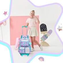 Black Rolling Backpack For Kids Girls  With Trolley Bag For Girls For Elementary Students Back To School - Mint Blue - View 4