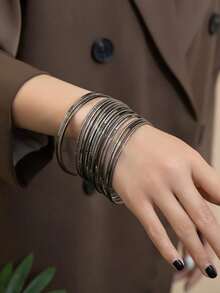 17pcs Women Exaggerated Personalized Metal Multi-Layer Circle Bracelet Set, Suitable For Daily Wear - Gun Black - TT1041 - View 2