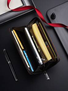 SHABILI 1pc Solid Color PU Leather Large Capacity Zipper Wallet, Business Clutch Bag, Phone Pouch For Men, Commuting & Daily Use Money Wallet Purse Wallet Long Wallet Travel Essential Summer Wristlet Wallet For Women - Bronze - View 3