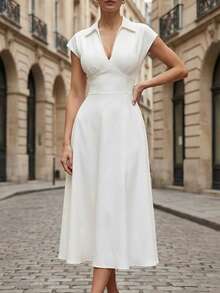 女士优雅白色翻领V领修身中长连衣裙，时尚OL休闲连衣裙 - 白色 - 查看 3