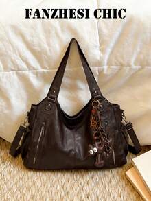 时尚经典多功能通勤纯色大容量复古PU面料单肩包手提包钱包，拉链开口，专为女性设计的单肩包，非常适合购物、旅行、外出和其他场合携带。 - 咖啡 - 查看 1