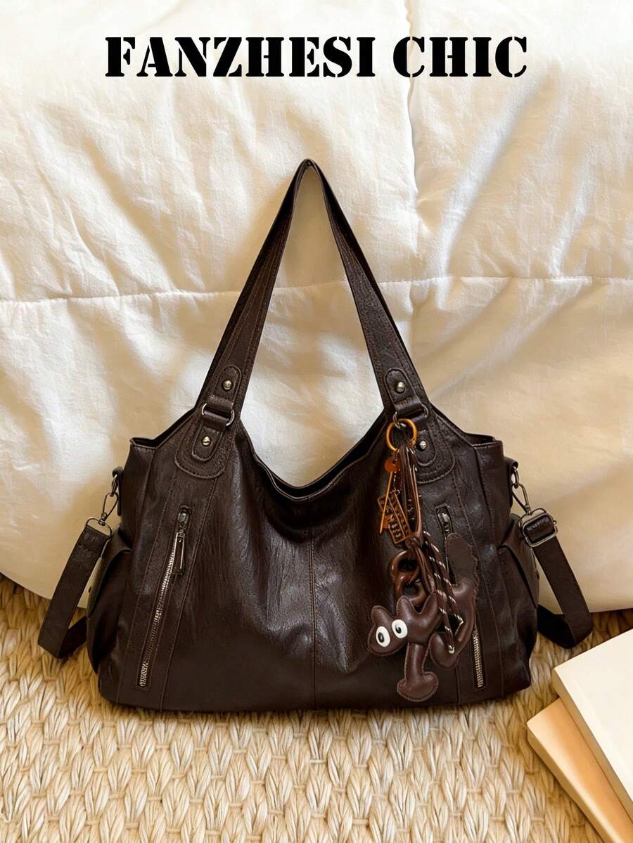 时尚经典多功能通勤纯色大容量复古PU面料单肩包手提包钱包，拉链开口，专为女性设计的单肩包，非常适合购物、旅行、外出和其他场合携带。 - 咖啡 - 查看 1