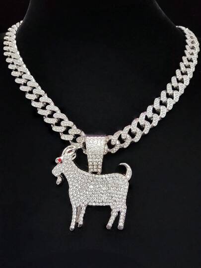 1pc Fashion Creative Goat Shaped Pendant & 1pc Rhinestone Glass Cuban Chain Necklace, Men's Hip Hop Punk Pendant Necklace, Vintage Jewelry, Suitable For Daily Wear, 2 Chain Options