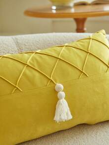 1pc Yellow Pleated Tassel Patchwork Decorative Pillow Cover, Suitable For Indoor Decor, All Season Pillow Sham, Pillow Insert Not Included - Yellow - View 7