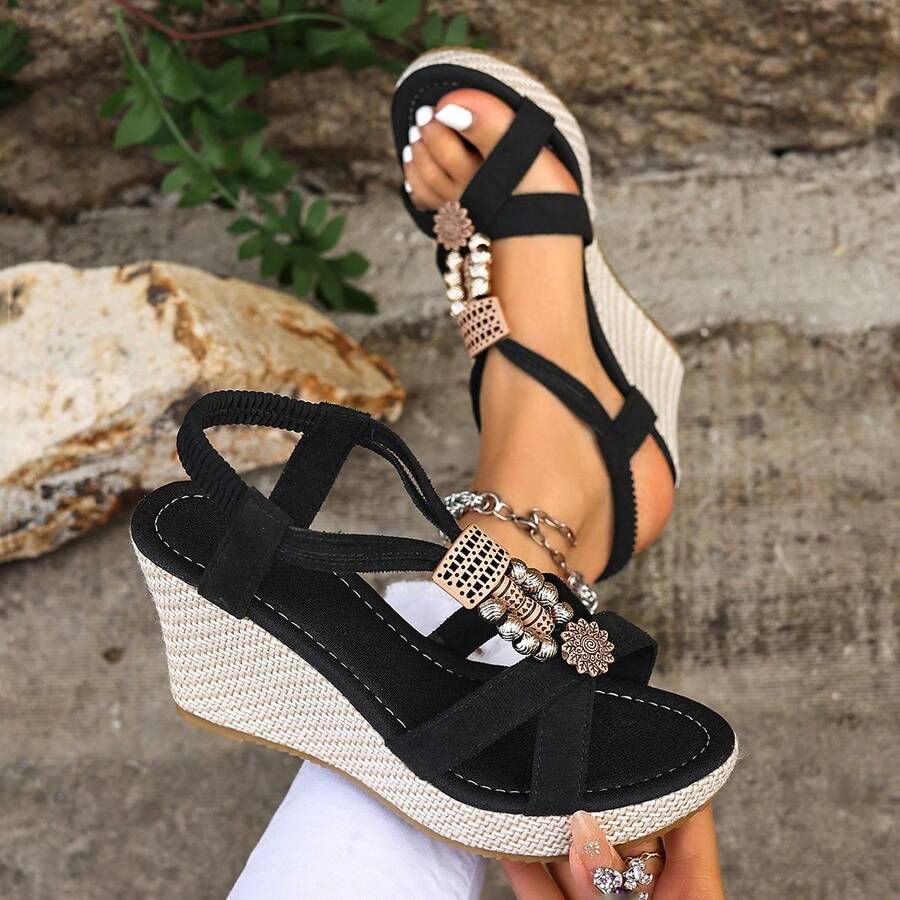 2026 Summer Retro Platform Sandals, Bohemian Beaded Thick Bottom Outdoor High Heel Sandals, Fashion Ladies Sandals With Increased Insole Height, 8.5CM Heel - Black - View 1