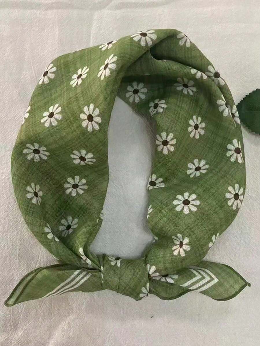 1条时尚雏菊印花小方巾，适合春秋季佩戴 - 彩色 - 查看 1
