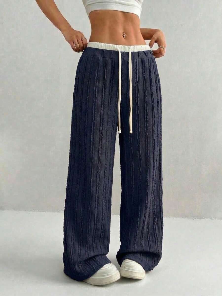 High Waist Contrast Color-Block Wide Leg Pants - Textured Drawstring Casual Trousers - Navy Blue - View 1