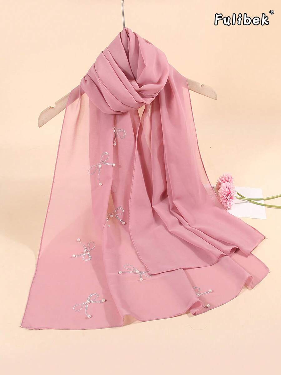 Khăn trùm đầu Hijab nữ thanh lịch mới, đính ngọc trai và đá pha lê, nơ, chất liệu chiffon nhẹ, thoáng khí, phù hợp mọi mùa, cho các buổi tiệc, bữa tối và các dịp buổi tối. - Màu Hồng Dưa hấu - Xem 1