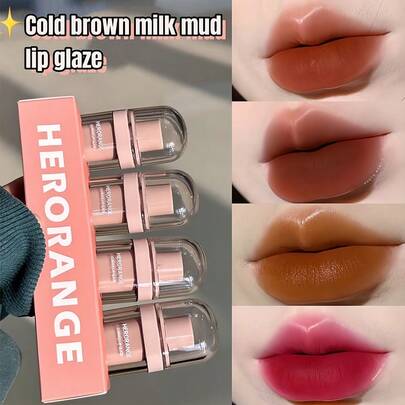 HERORANGE Brillo de labios mate en color marrón fresco, acabado de terciopelo, color de larga duración, iluminador para maquillaje nude diario