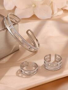 rakol 3pcs Luxury Shiny Hollow Inlaid Zirconia Women Jewelry Set, Bracelet & Ring Set Suitable For Party Layering - Hollow Out Set - View 6