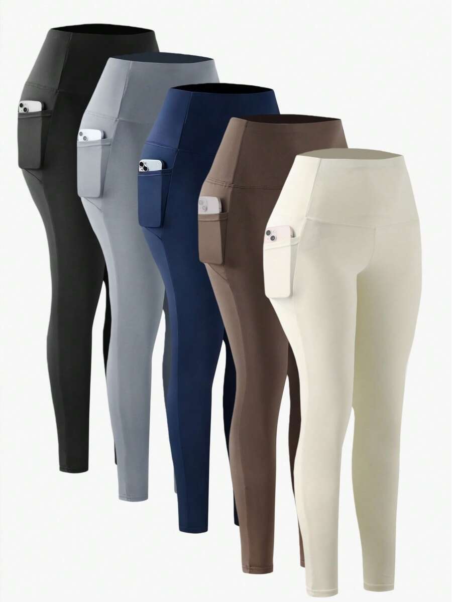 OKP 5pcs Women's High-Waisted Tight Yoga Pants Set With Pockets, Compression Leggings For Sports, Fitness, Running - Nhiều màu - Xem 1