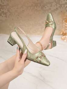 优雅女士包头凉鞋，中跟尖头金属扣，百搭通勤鞋，休闲日常穿着 - 綠色 - 查看 3