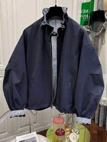 2025 Autumn New Women Drawstring Stand Collar Short Jacket, Loose Casual Plaid Korean Style Utility Windbreaker Spring - Navy Blue - View 3