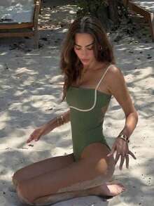 女士新款无肩带连体泳衣，性感休闲纯色沙滩度假派对装 - 綠色 - 查看 3