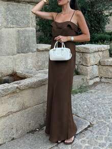 Vestido largo de tirantes de unicolor elegante para el verano - Café integral - Ver 2
