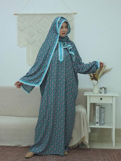 Áo Abaya màu xanh lá cây viền ren hoa kèm khăn trùm đầu cùng màu, áo choàng dài tay rộng rãi dành cho nữ trong tháng Ramadan, trang phục Hồi giáo cho tháng Ramadan.