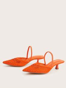 Women's Rhinestone Decor Kitten Heel, Pointed Toe Hollow Slip-On Sandals, Fashionable Elegant Party And Formal Low Heel Shoes - Orange - View 2
