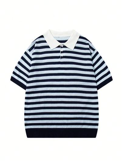 Áo thun nam dáng rộng, tối giản, phối màu kẻ sọc kiểu Hàn Quốc, cổ polo, tay ngắn, cài nút, thích hợp cho công sở/học sinh/giải trí, màu xanh dương.