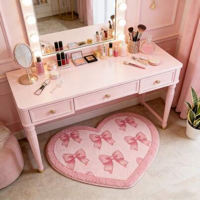 1件粉色蝴蝶结ins风地毯，心形装饰地毯，适用于床边、更衣室装饰、卧室装饰、小地毯、地毯、家居装饰、客厅地毯、客厅小地毯、卧室地毯、客厅家居装饰、户外地毯、可水洗地毯，适合派对装饰，提升家居格调，增添节日魅力，提升幸福感，家居装饰，现代简约风格装饰地毯，季节性装饰垫