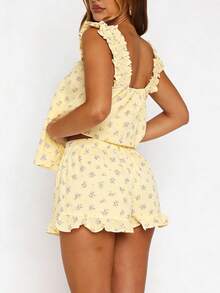 Women Summer Pajama Set Solid Flying Sleeve Tank Tops And Ruffle Shorts 2 Piece Casual Lounge Outfit - Light Yellow - View 5