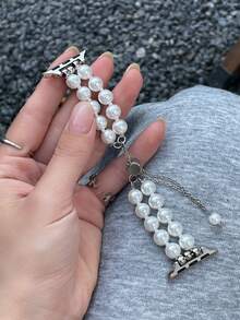 1pc Fashion Jewelry Style Double Row White Beaded Silver Chain Watch Band, Compatible With Apple Watch 38mm, 40mm, 41mm, 42mm, 44mm, 45mm, 46mm, 49mm, Adjustable Clasp Bracelet Band, Ideal For Birthday Party, Daily Life, Holiday Gift - Silver - View 1